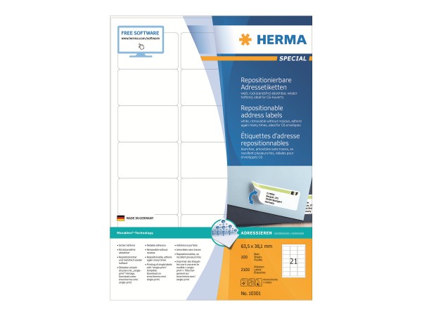 HERMA Special - Papier - matt - selbstklebend, neu positionierbar - weiß - 63.5 x 38.1 mm 2100 Etike