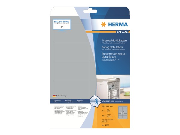 HERMA Special - Polyester - matt - permanent selbstklebend - Silber - 96 x 50.8 mm 250 Etikett(en) (