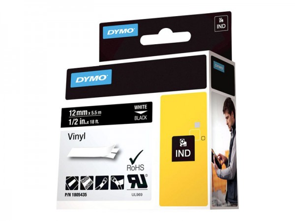 Dymo Rhino Coloured Vinyl - Vinyl - permanenter Klebstoff - Weiß auf Schwarz - Rolle (1,2 cm x 5,5 m