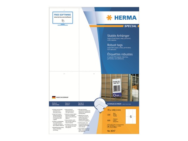 HERMA Special - Nicht klebend - perforiert - weiß - 70 x 148.5 mm 600 Etikett(en) (100 Bogen x 6)