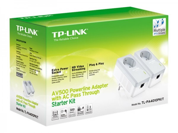 TP-LINK TL-PA4010PKIT AV500+ Powerline Kit with AC Pass Through - Bridge - HomePlug AV (HPAV)