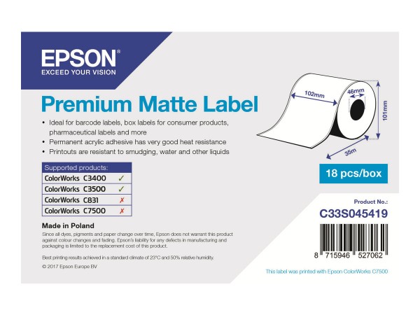 Epson Premium - Matt - Rolle (10,2 cm x 35 m) 1 Rolle(n) Etiketten-Endlospapier