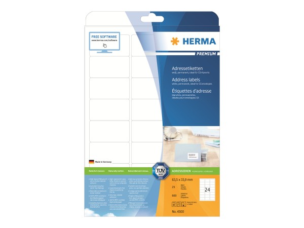 HERMA Premium - Selbstklebend - Mattes Weiß - 63.5 x 33.9 mm 600 Etikett(en) (25 Bogen x 24)
