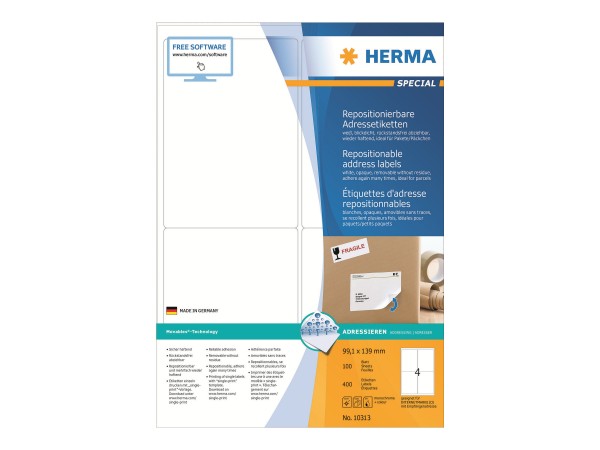HERMA Special - Papier - matt - selbstklebend, neu positionierbar - weiß - 99.1 x 139 mm 400 Etikett