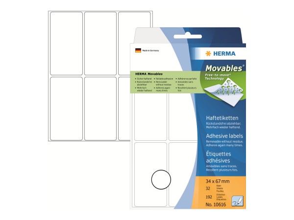 HERMA Movables - Selbstklebend - weiß - 34 x 67 mm 192 Stck. (32 Bogen x 6)