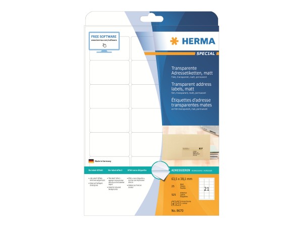 HERMA Special - Matt - selbstklebend - durchsichtig - 63.5 x 38.1 mm 525 Etikett(en) (25 Bogen x 21)