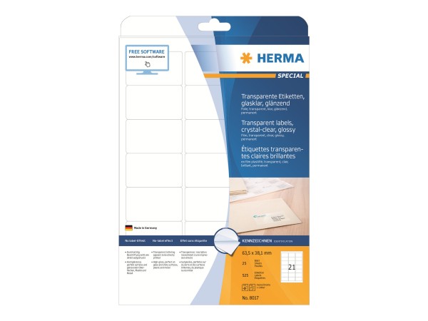 HERMA Selbstklebend - durchsichtig - 38.1 x 63.5 mm 525 Etikett(en) (25 Bogen x 21)