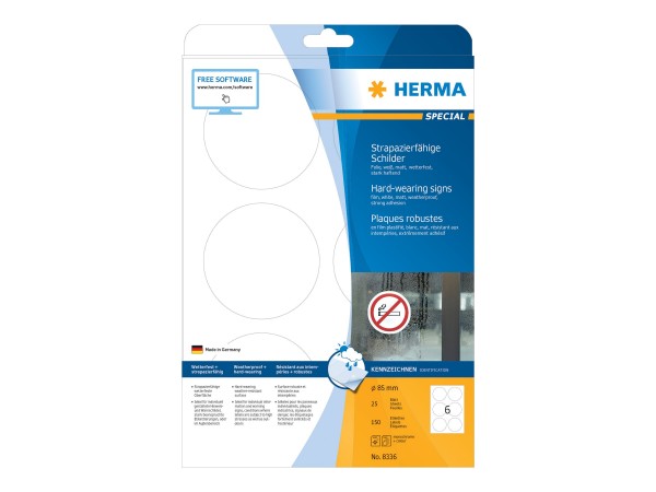 HERMA Special - Polyester - matt - selbstklebend - weiß - 85 mm rund 150 Etikett(en) (25 Bogen x 6)