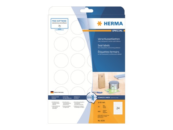 HERMA Special - Polyester - selbstklebend - durchsichtig - 40 mm rund 600 Etikett(en) (25 Bogen x 24