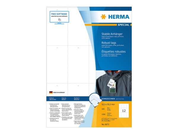 HERMA Special - Nicht klebend - perforiert - weiß - 52.5 x 93.5 mm 1200 Etikett(en) (100 Bogen x 12)