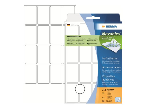 HERMA Movables - Papier - selbstklebend - weiß - 25 x 40 mm 512 Etikett(en) (32 Bogen x 16)
