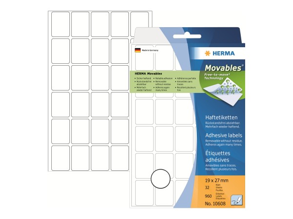 HERMA Movables - Selbstklebend - weiß - 19 x 27 mm 960 Stck. (32 Bogen x 30)